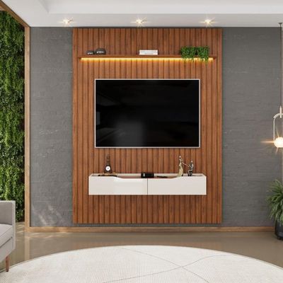 Painel Para Tv Até 65" 1,83m Ripado com Led Montreal com Nicho Madeirado/Off White
