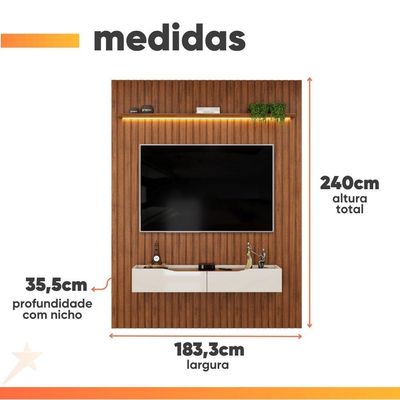 Painel Para Tv Até 65" 1,83m Ripado com Led Montreal com Nicho Madeirado/Off White