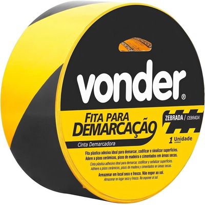 Fita Demarcação Adesiva 100mm X 30m Zebrada Vonder Sinalização Preta E Amarela Isolamento Segurança