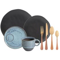 Aparelho de Jantar Cerâmica e Faqueiro Inox Dourado 24 Peças Mesa Posta Elegante 6 Pessoas