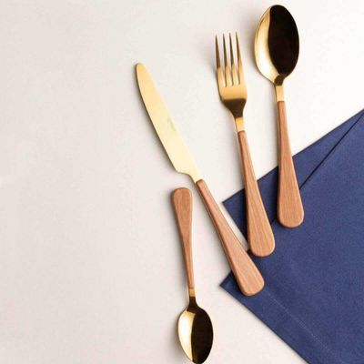 Aparelho de Jantar Cerâmica e Faqueiro Inox Dourado 24 Peças Mesa Posta Elegante 6 Pessoas