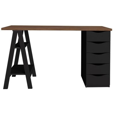Mesa Para Escritório Escrivaninha Home Office 05 Gavetas Spirit Nogal A02 Preto - Lyam Decor