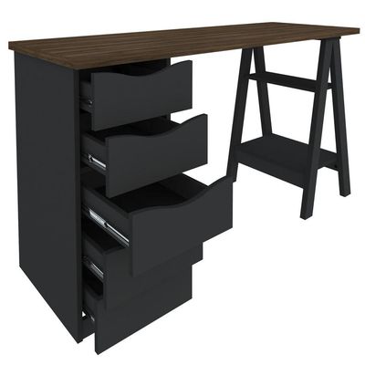 Mesa Para Escritório Escrivaninha Home Office 05 Gavetas Spirit Nogal A02 Preto - Lyam Decor