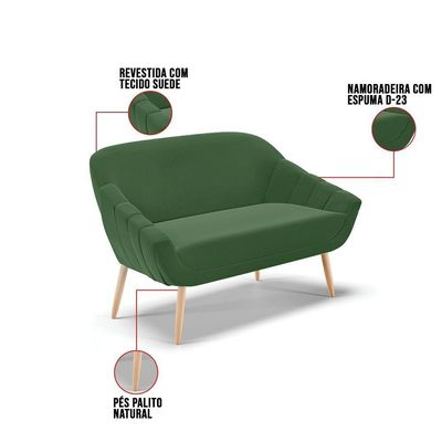 Namoradeira 02 Lugares Suede Pés Palito Natural Cor Verde