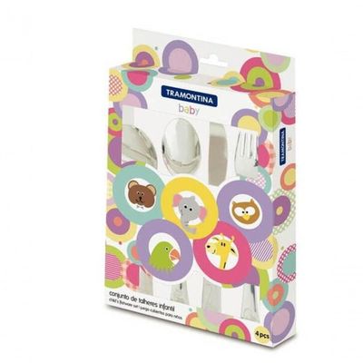 Jogo De Talheres Infantil Tramontina Baby Friends Em Inox Com Desenho Alto Relevo 4 Peças