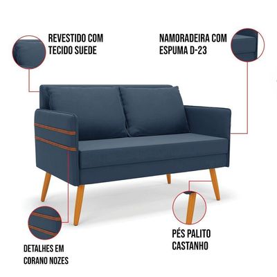 Namoradeira 02 Lugares Mari Suede Pés Palito Castanho - D'rossi Cor Azul Marinho