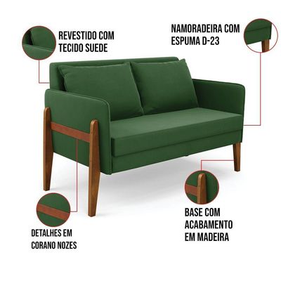 Namoradeira 2 Lugares Lana Suede Verde Base De Madeira - D'rossi