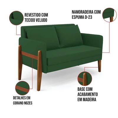 Sofá Namoradeira Lana Veludo Base De Madeira - D'rossi Cor Verde