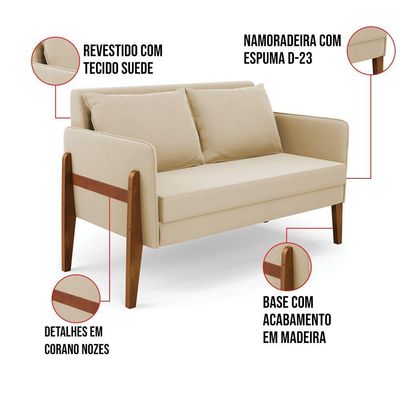 Namoradeira 2 Lugares Lana Suede Bege Base De Madeira - D'rossi