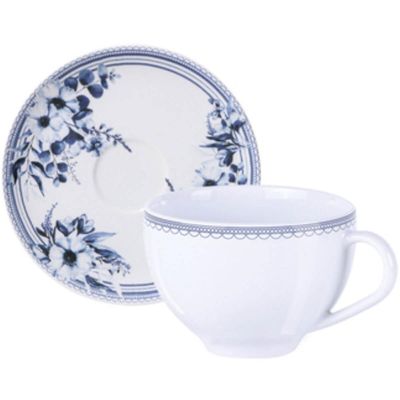 Xícara e Pires de Chá Tramontina Azzura 250ml em Porcelana Decorada Servir Café 2 Peças