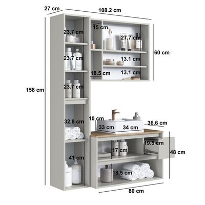 Conjunto para Banheiro 108cm com 3 Peças Gabinete Suspenso Belarus Arenas com Cuba Branca