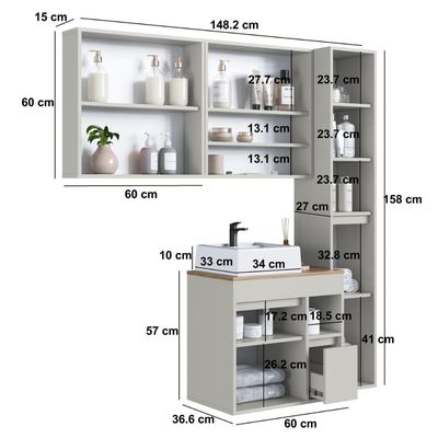 Conjunto para Banheiro 148cm com 4 Peças Gabinete Suspenso Bangladesh Arenas com Cuba Branca