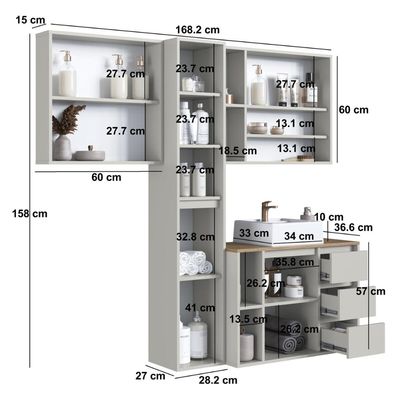 Conjunto para Banheiro 168cm com 4 Peças Gabinete Suspenso Belagavi Arenas com Cuba Branca