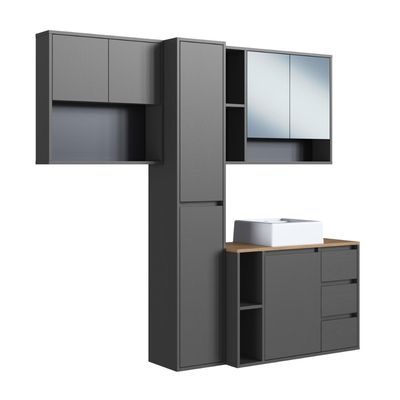 Conjunto para Banheiro 168cm com 4 Peças Gabinete Suspenso Belagavi Grafite com Cuba Branca