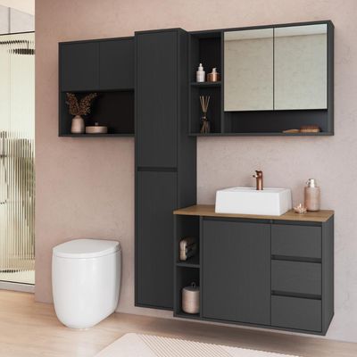 Conjunto para Banheiro 168cm com 4 Peças Gabinete Suspenso Belagavi Grafite com Cuba Branca