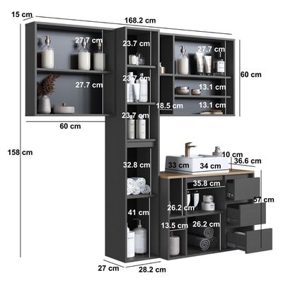 Conjunto para Banheiro 168cm com 4 Peças Gabinete Suspenso Belagavi Grafite com Cuba Branca