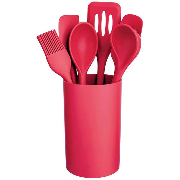 Conjunto de Utensílios Euro Home com Suporte em Silicone e Nylon - 7 Peças Vermelho