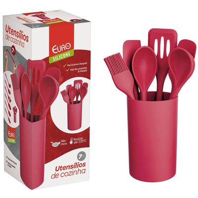 Conjunto de Utensílios Euro Home com Suporte em Silicone e Nylon - 7 Peças Vermelho