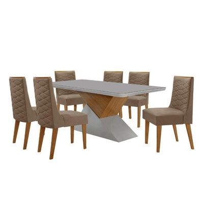 Mesa Sala De Jantar Aster 180cm E 6 Cadeiras Safira Moderna Veludo Capuccino Off White Imbuia