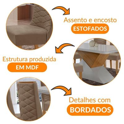 Mesa Sala De Jantar Aster 180cm E 6 Cadeiras Safira Moderna Veludo Capuccino Off White Imbuia