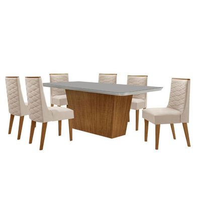 Mesa Sala De Jantar Aida 180cm E 6 Cadeiras Safira Moderna Veludo Creme/off White/imbuia