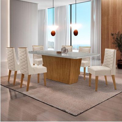 Mesa Sala De Jantar Aida 180cm E 6 Cadeiras Safira Moderna Veludo Creme/off White/imbuia