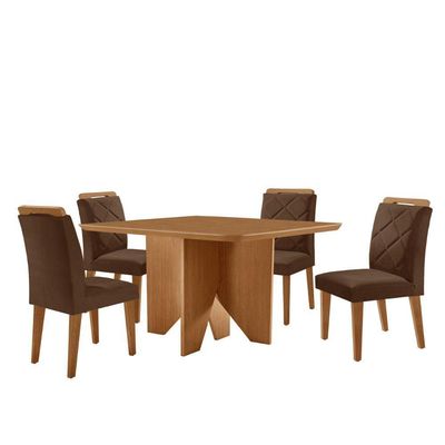 Mesa Evora 90 Mdf Canto Copo E Com 4 Cadeiras Melissa Veludo Marrom Naturalle