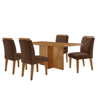 Mesa Olimpia 120 Mdf Canto Copo E Com 4 Cadeiras Melissa Veludo Marrom Naturalle