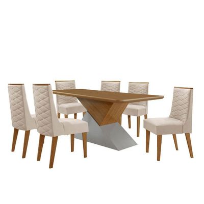 Mesa Sala De Jantar Aster 180cm E 6 Cadeiras Safira Moderna Veludo Creme/off White/imbuia