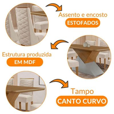 Mesa Sala De Jantar Aster 180cm E 6 Cadeiras Safira Moderna Veludo Creme/off White/imbuia