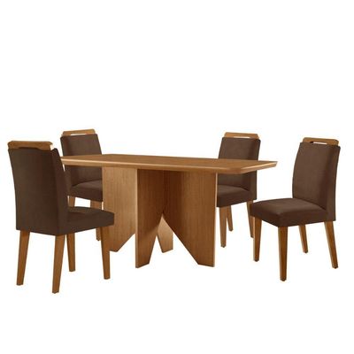 Mesa Evora 120 Mdf Canto Copo E Com 4 Cadeiras Athenas Veludo Marrom Naturalle