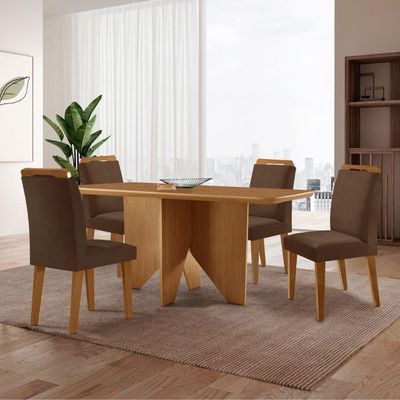 Mesa Evora 120 Mdf Canto Copo E Com 4 Cadeiras Athenas Veludo Marrom Naturalle