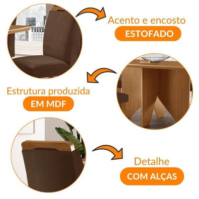 Mesa Evora 120 Mdf Canto Copo E Com 4 Cadeiras Athenas Veludo Marrom Naturalle