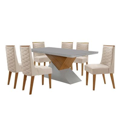 Mesa Sala De Jantar Aster 180cm E 6 Cadeiras Safira Moderna Veludo Creme/off White/imbuia