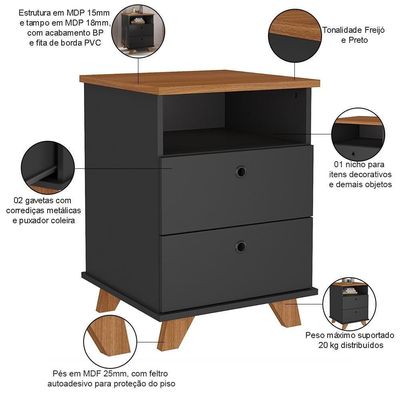 Gaveteiro Para Escritório Home Office 2 Gavetas Diem A02 Freijó Preto - Lyam Decor