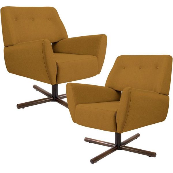 Kit 02 Poltronas Decorativas Giratória Sala de Estar Roma Veludo Mostarda - Gran Belo