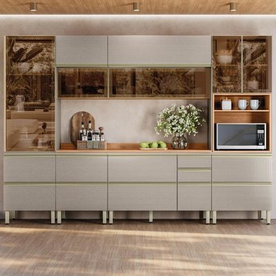 Cozinha Modulada Proença 6 Peças Com Paneleiro 1 Forno E Aéreo 120cm Nogueira Touch/Nude Prime Tx - Demartêz