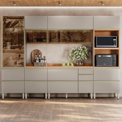 Cozinha Modulada Proença 6 Peças Com Cristaleira E Aéreo 120cm Nogueira Touch/Nude Prime Tx - Demartêz