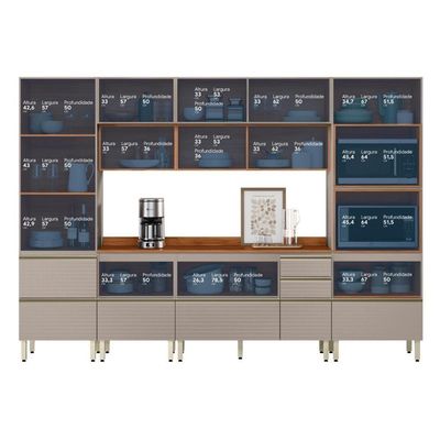 Cozinha Modulada Proença 6 Peças Com Cristaleira E Aéreo 120cm Nogueira Touch/Nude Prime Tx - Demartêz