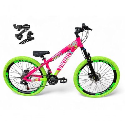 Bicicleta Aro 26 VikingX Tuff X25 21v Freio a Disco Rosa-verde