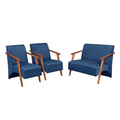 Conjunto Venus Braços Em Madeira Maciça 1 Namoradeira 2 Poltronas Suede Unidecor Azul Bic