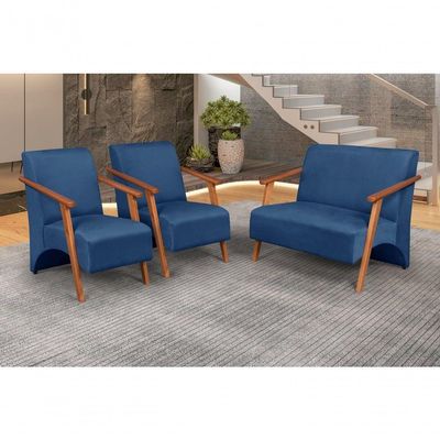 Conjunto Venus Braços Em Madeira Maciça 1 Namoradeira 2 Poltronas Suede Unidecor Azul Bic