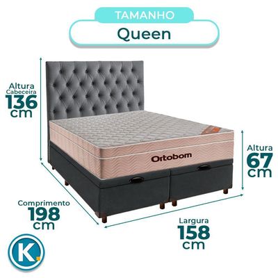 Cama Box Bau + Colchão Queen Ortobom Molas Ensacadas Airtech + Cabeceira Estofada