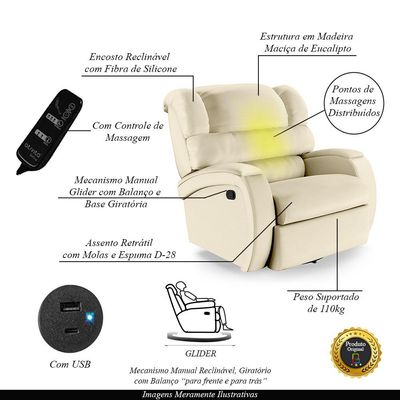 Poltrona do Papai Sala de Cinema Reclinável Kylie Glider Manual Giratória Massagem USB PU Bege G23