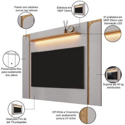 Painel Para TV 75 Pol Com LED 180cm Maresca B02 Off White Cinamomo - Lyam Decor