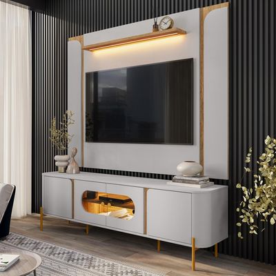 Painel Para TV 75 Pol Com LED 180cm Maresca B02 Off White Cinamomo - Lyam Decor
