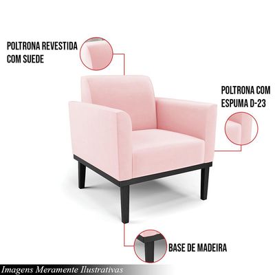 Poltrona Decorativa Isabella Pés Fixo em Madeira Preto Suede Rosa Bebê G19 - Gran Belo