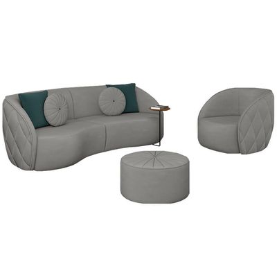 Conjunto Decorativo Sofá 240cm e Poltrona Clarke com Puff Round Veludo Cinza Claro - Gran Belo