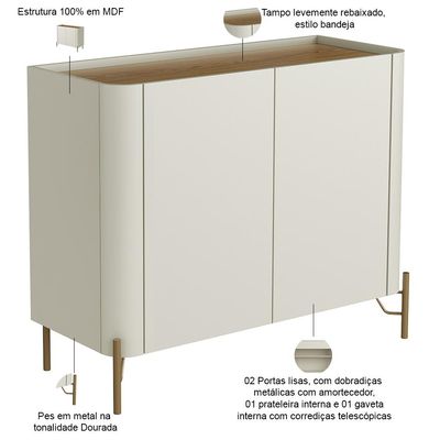 Buffet Para Sala de Jantar 2 Portas 1 Gaveta Pés Industrial Dourado Naim I03 Luna Louro - Lyam