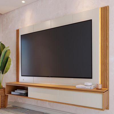 Painel Para TV 75 Pol Bancada Suspensa LED Horebe C04 Off White Matte Freijó - Lyam Decor